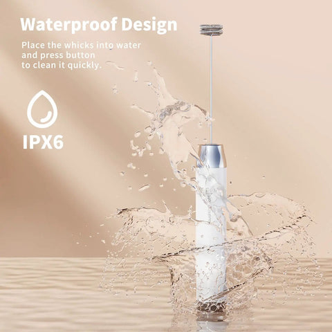 Rechargeable Milk Frother With 3 Heads, USB C Handheld Foam Maker, Waterproof Detachable Stainless Steel Whisk in water splash