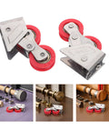 Smooth As Butter Premium Heavy Duty Double Wheel Sliding Door Rollers, red wheels and stainless frame, ideal for closet and window tracks.