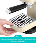 Close-up of Barista Worthy Home Espresso Machine With 20 Bar Pressure, Stainless Steel Coffee Maker, showing removable drip tray