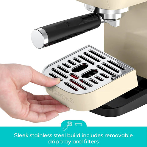 Close-up of Barista Worthy Home Espresso Machine With 20 Bar Pressure, Stainless Steel Coffee Maker, showing removable drip tray