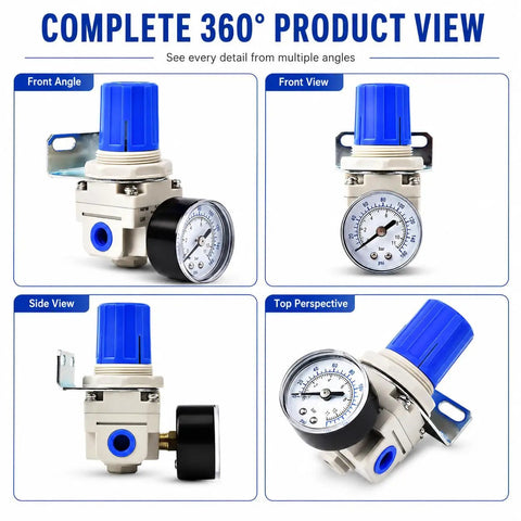360-degree view of Adjustable Air Pressure Regulator For Compressors With Gauge From Zero To One Hundred Sixty PSI