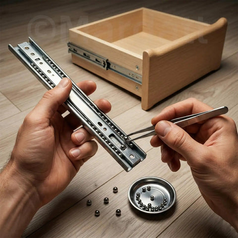 Solid Stainless Steel Bearing Balls Assortment Kit Featuring 300 Pieces Across 12 Precise Sae Sizes With A Heavy Duty Tackle Box in use for drawer repair.