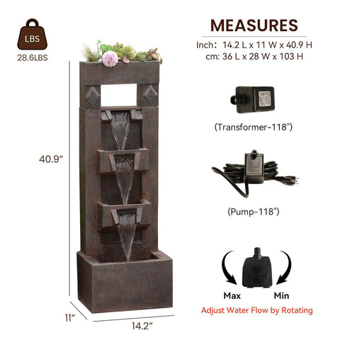 Four Tier Outdoor Water Fountain With LED Lights And Pump, 40.9 Inch Freestanding Cascading Waterfall, Weather Resistant Brown Resin Decor