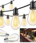 48Ft Outdoor String Lights With 16 LED Warm White Bulbs, Waterproof Commercial Grade Patio Lighting, close-up of bulbs and lights hanging.