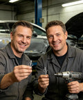 Two mechanics holding Heavy Duty Blind Rivets Kit for Metal Projects with drill in an automotive workshop