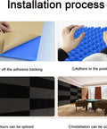 Installation process of High Density Soundproofing Panels Using Peel Stick Backing Noise Muffling Acoustic Wedge Foam.