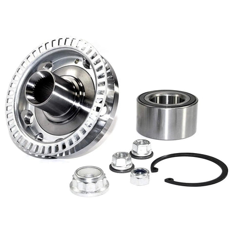 Complete Front Wheel Hub Assembly With Sealed Bearing And Full Mounting Hardware Kit For Hella Tough Axle Support and smooth zero play handling on daily commutes, with metal parts.