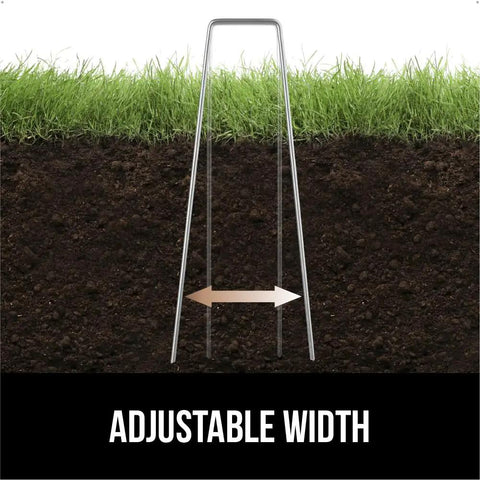 Beefy 6 Inch Landscape Staples 50 Pack 11 Gauge Galvanized Steel Stakes With Ultra Sharp Tip, installed view with adjustable width feature