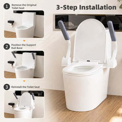 3-step installation guide for Heavy Duty Carbon Steel Toilet Safety Rails With Rock Solid Grab Bars For Seniors Bathroom Standing Assist Support Frame.