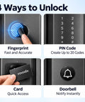 Heavy Duty Smart Lock With Slick Face And Fingerprint Scanner Keypad Deadbolt showing four unlocking methods: fingerprint, PIN code, card, and doorbell.