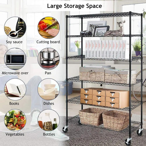 Heavy Duty Rolling Wire Shelving Unit Six Tier Adjustable Steel Storage Rack With Smooth Casters Commercial Grade NSF Certified, organized with cookware.