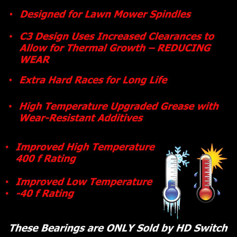 C3 spindle bearings specifications for lawn mowers, highlighting design features and temperature ratings.