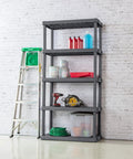 Heavy Duty Plastic Storage Rack 5 Tier Shelf Unit 2 Pack with tools and cleaning supplies in a garage setting.