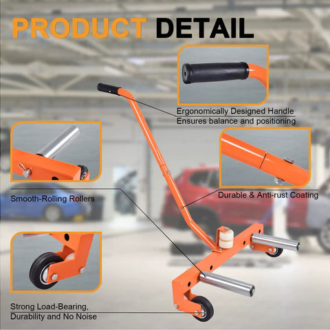 Heavy Duty Truck Wheel Dolly Featuring Rock Solid Greaseless Bearings And Fully Adjustable Height Platform To Roll Massive Tires Smoothly Without The Hustle On Any Shop Floor, featuring ergonomic handle and smooth-rolling rollers.
