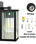 Modern Premium Matte Black Outdoor Wall Lights, Waterproof E26 Porch Lanterns with E26 base socket and striped glass shade.
