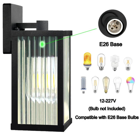 Modern Premium Matte Black Outdoor Wall Lights, Waterproof E26 Porch Lanterns with E26 base socket and striped glass shade.