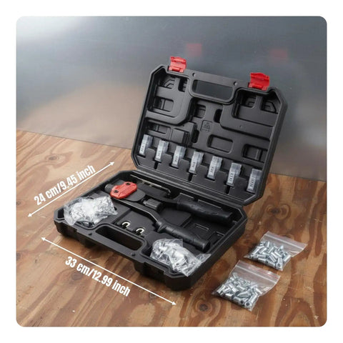 Heavy Duty Rivet Nut Tool Kit With Interchangeable Mandrels And Hand Riveter For Quick Permanent Threads In Metal Panels Beefy Alloy Steel Build Ergonomic Dual Handle Grip Versatile Fastening Tool For Auto Marine And DIY Projects, 33x24 cm case