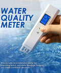 Straight Up Reliable Water Quality Tester Pen Checks Cod Toc Uv275 Ec Tds Salinity Gh Sg And Water Temp For Pool Rv Well And Aquarium in hand above water.