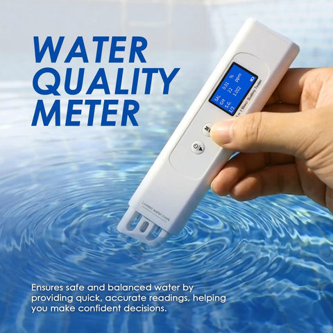 Straight Up Reliable Water Quality Tester Pen Checks Cod Toc Uv275 Ec Tds Salinity Gh Sg And Water Temp For Pool Rv Well And Aquarium in hand above water.
