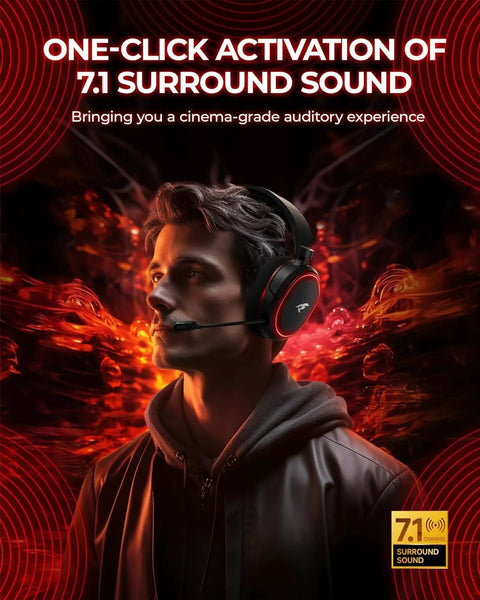 Person wearing Wireless Gaming Headset With 7.1 Surround Sound, 2.4Ghz USB Dongle And Bluetooth 5.4, red background