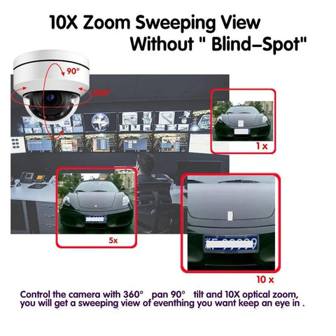 10X Optical Zoom 5MP PTZ Dome Camera System With 4K 8CH NVR Kit Featuring PoE IP showing 360° view and multiple vehicle angles.