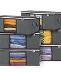 35L Foldable Storage Bags Six Pack with clear window and sturdy handles for clothes, blankets, towels, and toys, grey fabric