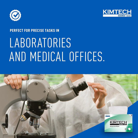 Kimtech Science Kimwipes Delicate Task Wipes pop-up box, white, 286 sheets, front view with microscope