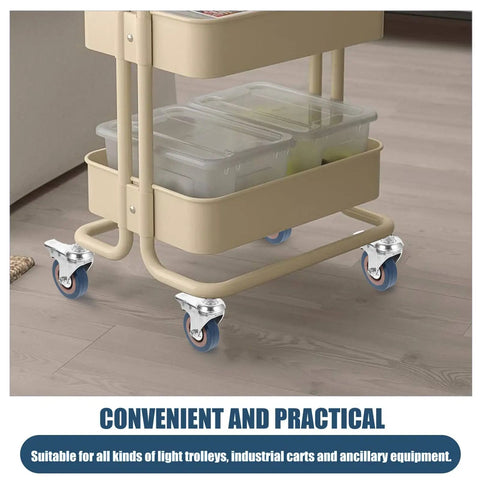 Four Pack Three Inch Gray Pvc Swivel Casters With Lock Brake Stem Mount on a utility cart, suitable for moving furniture effortlessly.