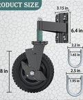 Heavy Duty Eight Inch Gate Wheel With Brake Featuring Spring Shock Absorption To Roll Smooth Over Rough Terrain Without Dragging On Wooden Or Metal Tube Fences All Year Round, showing product dimensions.