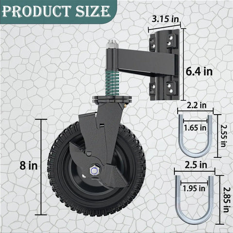 Heavy Duty Eight Inch Gate Wheel With Brake Featuring Spring Shock Absorption To Roll Smooth Over Rough Terrain Without Dragging On Wooden Or Metal Tube Fences All Year Round, showing product dimensions.