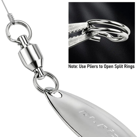 Premium Ball Bearing Fishing Swivels With Stainless Steel Split Rings Heavy Duty Rust Resistant Tackle close-up showing swivel connection.