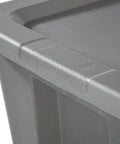 Close-up of the grip handle on Hella Spacious 50 Gallon Storage Bin Heavy Duty Plastic Tote With Rock Solid Snap On Lid Gray.