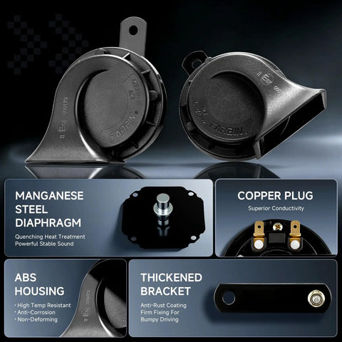 Rock Solid Premium 12V Air Horn Kit For Trucks With Dedicated Push Button And Full Relay Harness For Quick Plug And Play Swap On Any Heavy Duty Pickup Or Semi Rig parts showcasing high-temp resistant ABS housing and copper plug.