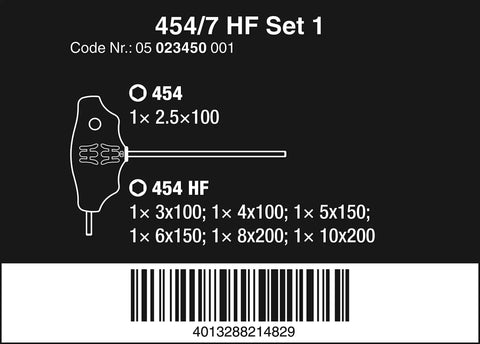 Diagram of 4547 HF T-Handle Screwdriver Set with sizes, barcode, code number 05 023450 001, and screwdriver illustration.