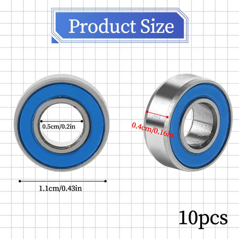10-Pack MR115-2RS Miniature Deep Groove Ball Bearings featuring double rubber seals, showing size details and chrome steel construction.