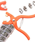 No-Fuss Five Claw Snap Button Kit With One Hundred Multicolor Metal Snaps And Rock Solid Setup Plier with orange crimping tool and metal snaps.