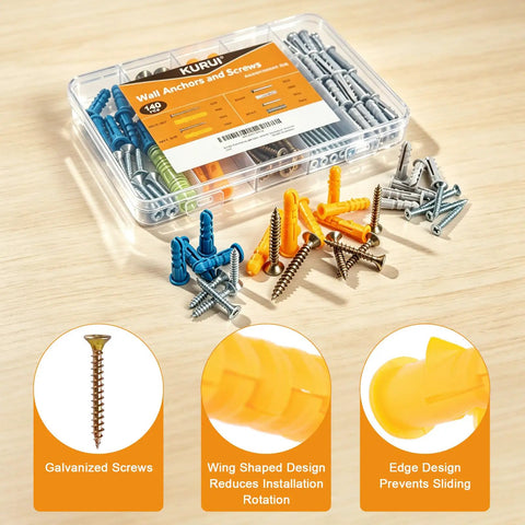 Plastic Drywall Anchors And Screw Assortment Kit Featuring Four Essential Sizes For Dead Nuts Secure Mounting With A Tough As Nails Grip. 140 pieces in storage case.