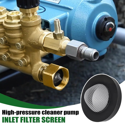 Inlet Screen Filter With Gasket For Simpson Gas Powered Pressure Washer Pumps attached, showing stainless steel mesh, close-up
