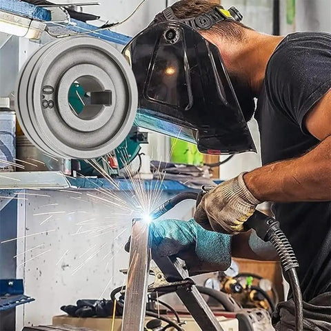 Tough As Nails Bearing Steel V Groove Drive Roller Runs Super Slick For Mig Mag Welders in use, showcasing weld sparks and technician.