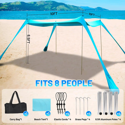 Pop Up Beach Tent Sun Shelter Grande 10x10ft Canopy With 4 Stability Poles on beach with carry bag and accessories, fits 8 people