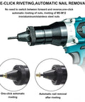 Cordless Rivet Nut Gun Set With Led Work Light And Rechargeable Battery Fits M3 M4 M5 M6 M8 M10 M12 Rivet Nutserts No Cord Hassle showing one-click automatic riveting and nail removal features.