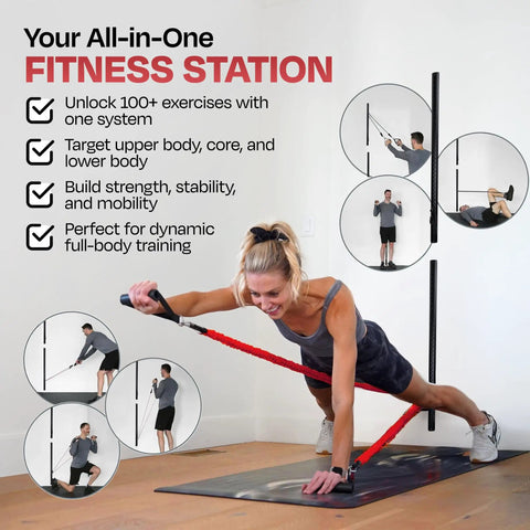 Top Shelf Adjustable Wall Mounted Fitness Anchor System For Heavy Lifts And Full Body Grinds With Brushed Steel Build and user demonstrating exercises.