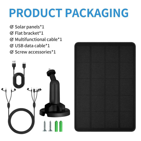 Zero Fuss Trail Camera Solar Panel With Built In 5000Mah Battery complete packaging including solar panel, cables, and mounting hardware.