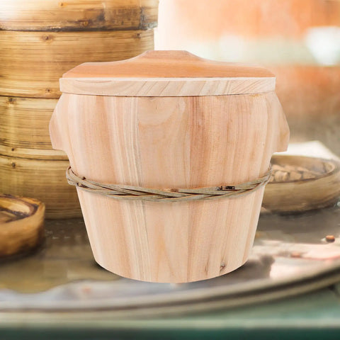 Handmade Wooden Rice Steamer Bucket with tight fitting lid, heavy duty base, and heat safe handles for daily meal prep.