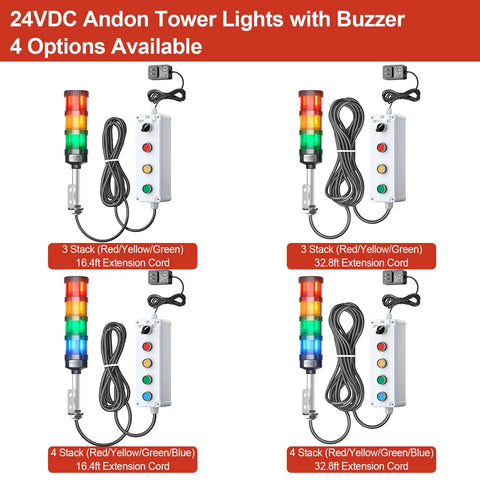 Triple Stack LED Andon Tower Light With Buzzer 24VDC Red Yellow Green Signal Lights Off On 32.8ft Extension Cord options shown