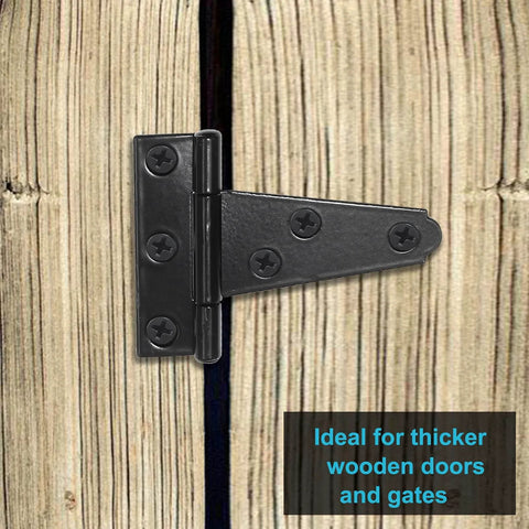 2 Inch T Strap Hinges Six Pack Heavy Duty Black Carbon Steel With Screws Installed on Wooden Gate