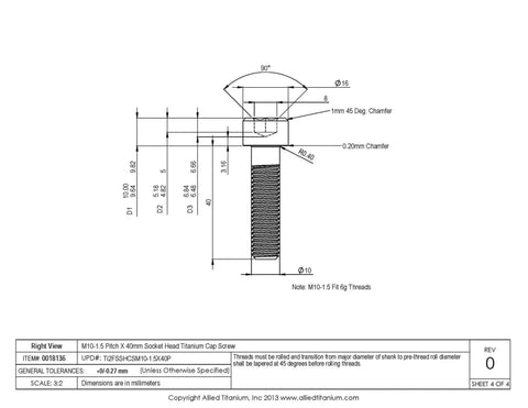 Heavy Duty Grade 2 Titanium M10 X 1.5 X 40Mm Socket Head Cap Screws detailed technical drawing with measurements.