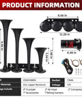 Badass Loud 12 Volt Train Air Horn System For Trucks And Trailers With Twin Heavy Duty Air Compressors Plus Four Piercing Metal Trumpets Ready To Drop In showing chrome trumpets and compressor details.