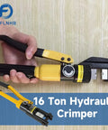 Hand holding 16 Ton Hydraulic Wire Lug Terminal Crimping Tool With 11 Dies YQK 300, rotatable head, yellow and black design