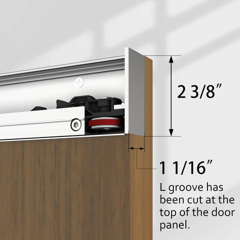 Close-up of Slick Concealed Sliding Barn Door With Hella Soft Close Hardware Kit showing aluminum rail and door dimensions.